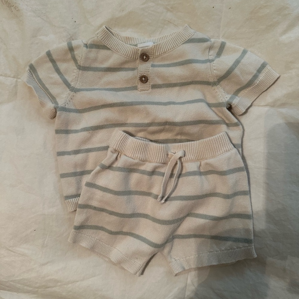 Kids Cream & Light Blue Striped Knit Top and Shorts Set 0-3m boy set